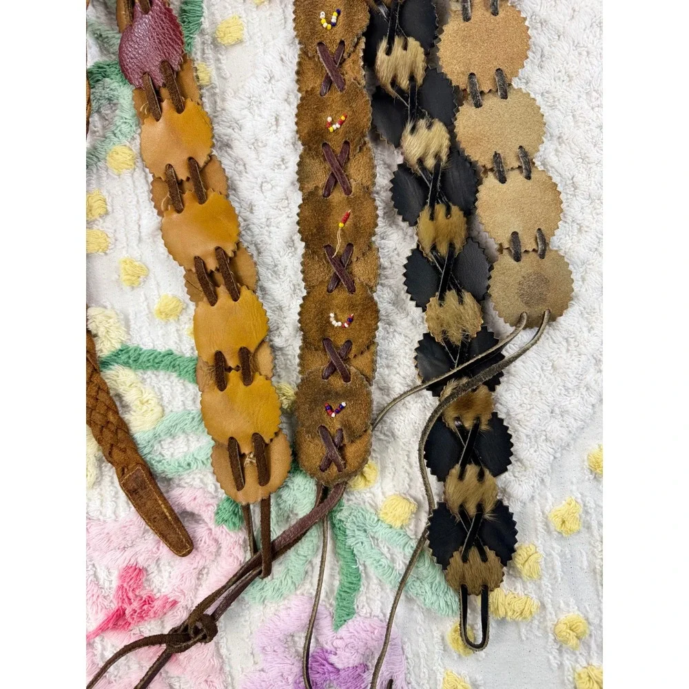 Boho 60 s Leather‎ Beaded Fur Belt Set 3 Women's Western Hippie Accessories